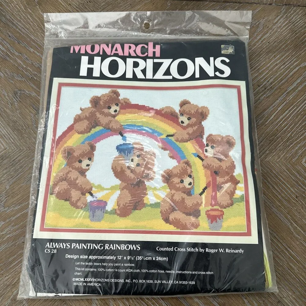 Vintage Monarch Always Painting Rainbows Teddy Bears Counted Cross Stitch Kit‎